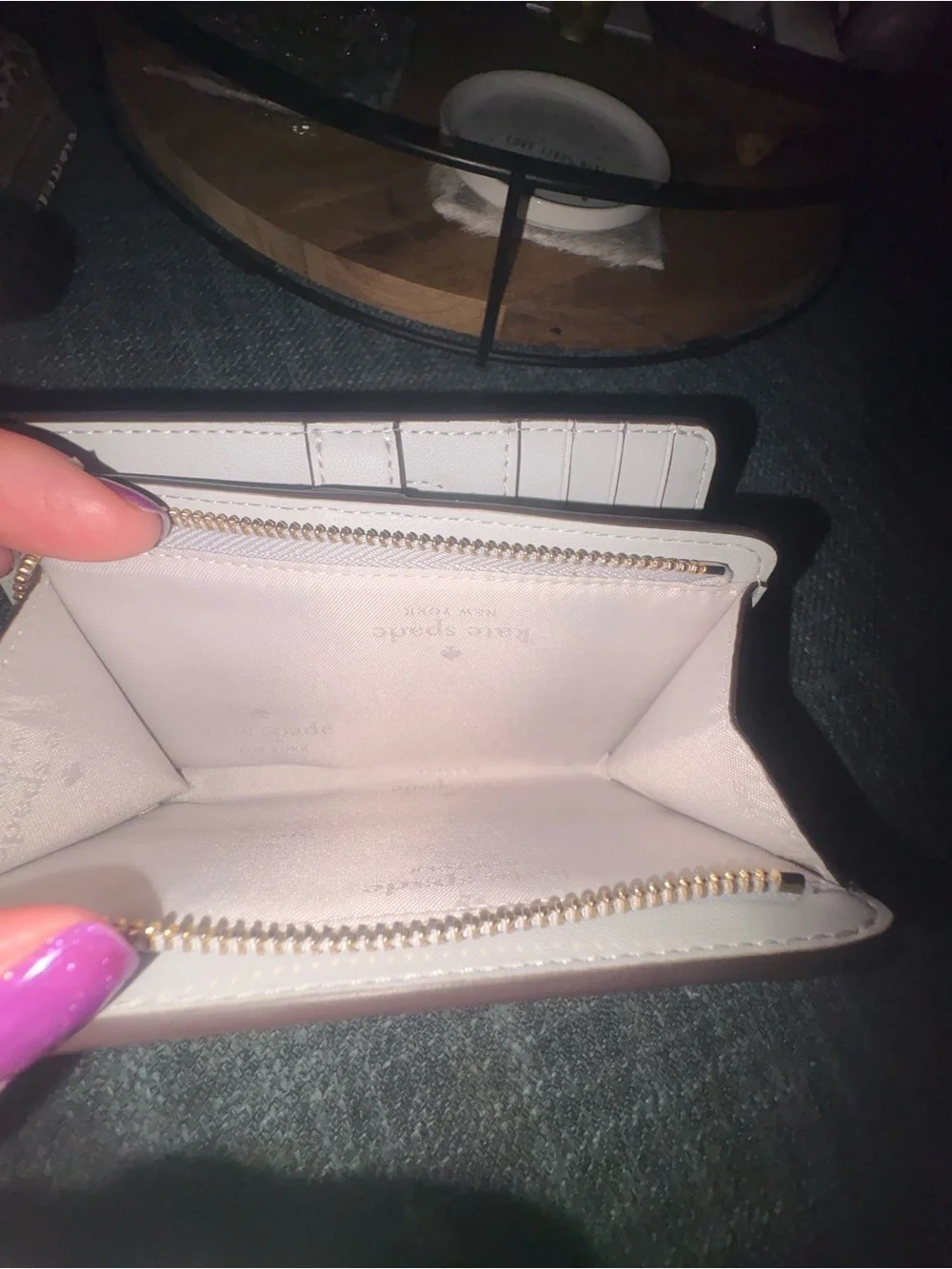 kate spade Metallic Silver Compact Wallet with Gold Logo
